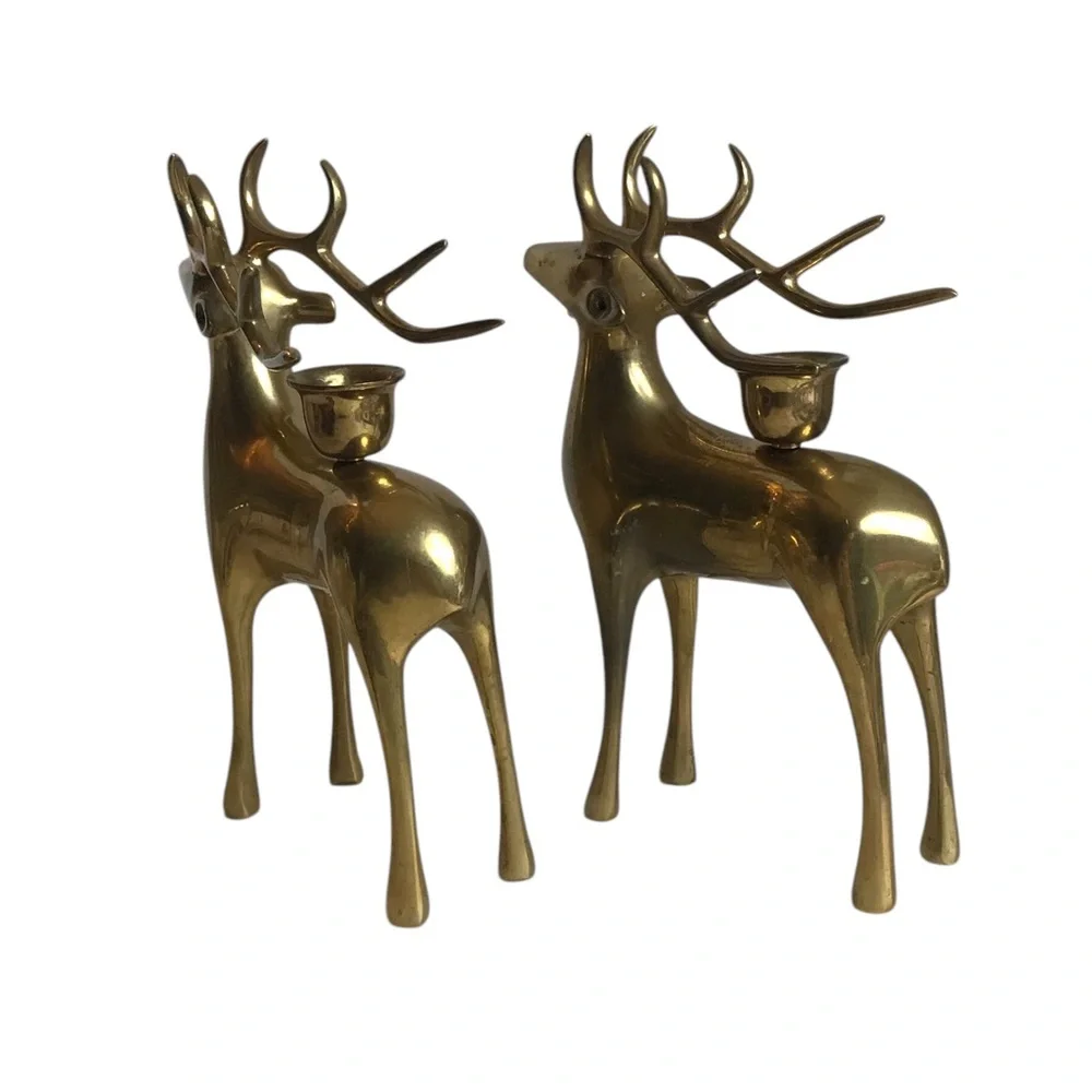 Pottery Barn Brass Reindeer Candle Holders 8” Vintage Christmas Taper Pair